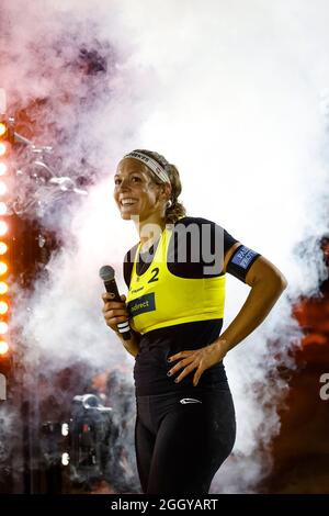 Timmendorfer Strand, Deutschland. September 2021. Volleyball/Strand: Deutsche Meisterschaften, Frauen, Viertelfinale: Laboreur/Schulz (MTV Stuttgart/DJK Tusa 06 Düsseldorf) - Bieneck/Schneider (Hamburger SV): Victoria Bieneck ist auf dem Platz. Nach dem Spiel hatte sie ihre aktive Karriere beendet. Quelle: Frank Molter/dpa/Alamy Live News Stockfoto