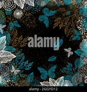 Handgezeichnete Zweige und Blätter tropischer Pflanzen und Schmetterlinge. Einseitiger tropischer Hintergrund mit Platz für Text. Vektorgrafik Stock Vektor