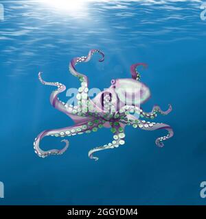 Aquarell-Tintenfisch schwimmend im Meer. Violetter Oktopus Stockfoto