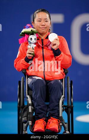 Tokio, Japan. September 2021. Yui Kamiji (JPN), 3. SEPTEMBER 2021-Rollstuhltennis: Medaillenübergabe für Frauen im Ariake Tennis Park während der Paralympischen Spiele von Tokio 2020 in Tokio, Japan. Quelle: SportsPressJP/AFLO/Alamy Live News Quelle: Aflo Co. Ltd./Alamy Live News Stockfoto