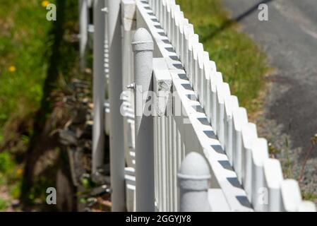 Ein stämperner, weißer Holz-Zaun umschließt einen Garten mit immergrünen Bäumen im Hintergrund. Es gibt mehrere Nagellöcher in jedem. Stockfoto