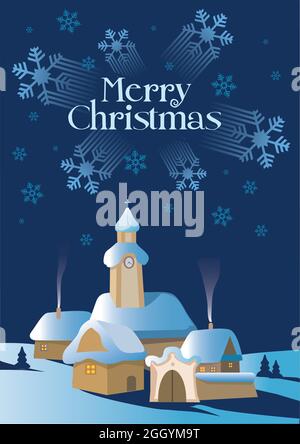 Weihnachten Winterlandschaft, fröhliche weihnachts Inschrift. Illustration eines magischen Winterdorfes mit Kirche. Vektor verfügbar. Stock Vektor