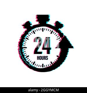 24-Stunden-Pfeil. Glitch-Symbol. Arbeitszeiteffekt oder Bereitstellungszeit. Vektorgrafik. Stock Vektor