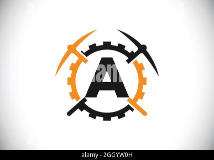 Initial Ein Monogramm Buchstaben Alphabet mit Spitzhacke und Getriebe Zeichen. Design-Konzept für das Mining-Logo. Modernes Vektorlogo für Bergbauunternehmen und Firmenidentität Stock Vektor