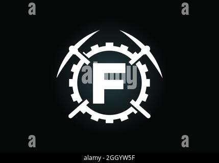 Anfängliches F-Monogramm-Buchstabenalphabet mit Spitzhacke und Zahnradzeichen. Design-Konzept für das Mining-Logo. Modernes Vektorlogo für Bergbauunternehmen und Firmenidentität Stock Vektor