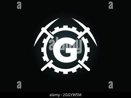 Initial G Monogram Letter Alphabet mit Pickaxe und Getriebe Zeichen. Design-Konzept für das Mining-Logo. Modernes Vektorlogo für Bergbauunternehmen und Firmenidentität Stock Vektor
