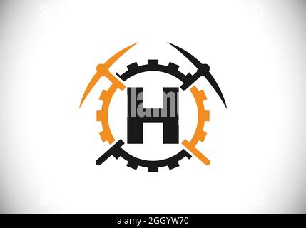 Initial H Monogramm Buchstaben Alphabet mit Spitzhacke und Getriebe Zeichen. Design-Konzept für das Mining-Logo. Modernes Vektorlogo für Bergbauunternehmen und Firmenidentität Stock Vektor