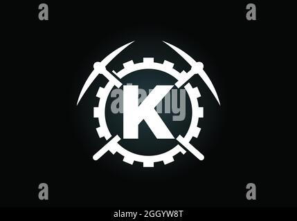 Initial K Monogramm Buchstaben Alphabet mit Spitzhacke und Getriebe Zeichen. Design-Konzept für das Mining-Logo. Modernes Vektorlogo für Bergbauunternehmen und Firmenidentität Stock Vektor