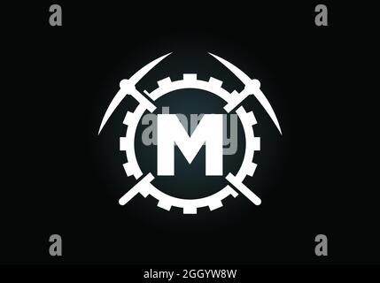Anfängliches M-Monogramm-Alphabet mit Spitzhacke und Zahnradzeichen. Design-Konzept für das Mining-Logo. Modernes Vektorlogo für Bergbauunternehmen und Firmenidentität Stock Vektor