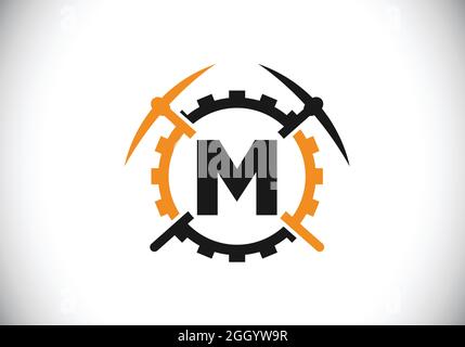 Anfängliches M-Monogramm-Alphabet mit Spitzhacke und Zahnradzeichen. Design-Konzept für das Mining-Logo. Modernes Vektorlogo für Bergbauunternehmen und Firmenidentität Stock Vektor