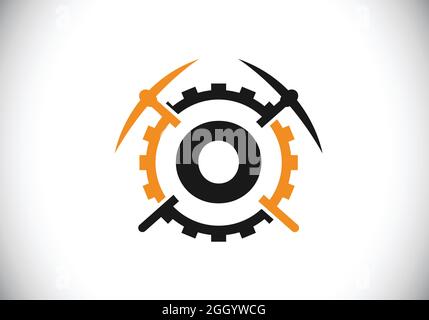 Initial O Monogramm Buchstaben Alphabet mit Spitzhacke und Getriebe Zeichen. Design-Konzept für das Mining-Logo. Modernes Vektorlogo für Bergbauunternehmen und Firmenidentität Stock Vektor