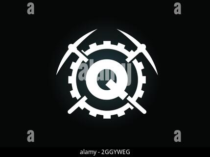 Anfangsbuchstaben des Q-Monogramms mit Spitzhacke und Zahnradzeichen. Design-Konzept für das Mining-Logo. Modernes Vektorlogo für Bergbauunternehmen und Firmenidentität Stock Vektor