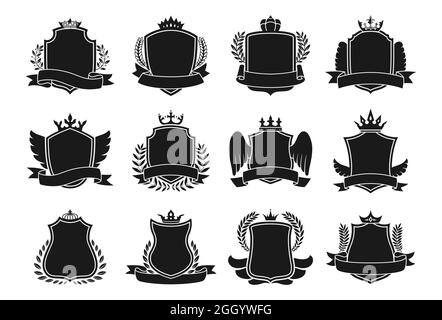 Wappen Wappen Symbol Set. Blazon verschiedene Krone Schild, Band, Flügel und Lorbeerkranz für Wappen. Vintage dekorative königliche Ritter Schilde oder Embleme Luxus-Vektor Stock Vektor