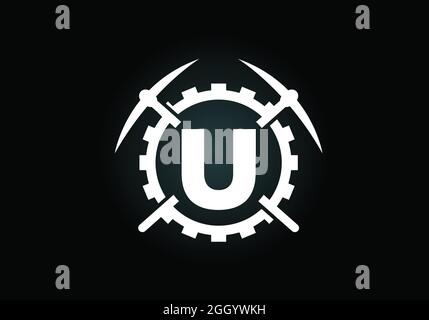 Anfangsbuchstabenalphabet mit U-Monogramm mit Spitzhacke und Zahnradzeichen. Design-Konzept für das Mining-Logo. Modernes Vektorlogo für Bergbauunternehmen und Firmenidentität Stock Vektor