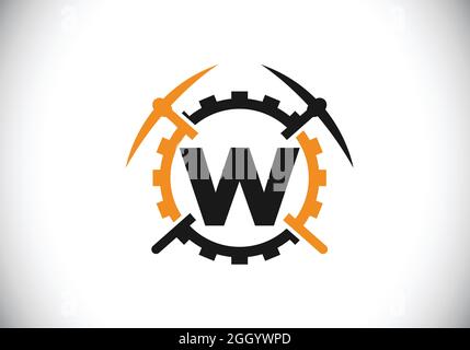 Anfängliches W-Monogramm-Buchstabenalphabet mit Spitzhacke und Zahnradzeichen. Design-Konzept für das Mining-Logo. Modernes Vektorlogo für Bergbauunternehmen und Firmenidentität Stock Vektor
