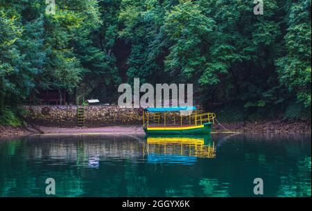 Altes Vergnügungsboot, das nahe der Küste vor dem Hintergrund eines grünen Waldes festgebunden ist Stockfoto