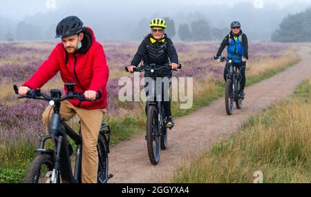 Bispingen, Deutschland. August 2021. Eine Gruppe fährt morgens E-Bikes durch die Lüneburger Heide. Die Fotografin Poliza bietet in den Morgenstunden bei Sonnenaufgang geführte E-Bike-Touren durch die Lüneburger Heide an. Quelle: Philipp Schulze/dpa/Alamy Live News Stockfoto