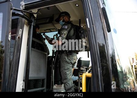 Ost-Jerusalem, Israel. September 2021. Bewaffnete israelische Streitkräfte Soldaten der Grenzkontrolleinheit, die die Beschränkungen des öffentlichen Verkehrs Covid-19 in Ostjerusalem durchsetzen. Geldstrafen für diejenigen, die keine Maske tragen. Laut den Busfahrern ist dies in den letzten Wochen ein lockeres Ereignis in den palästinensischen Gebieten der Stadt. Palästina / Israel, Jerusalem. September 2021. Kredit: Matan Golan/Alamy Live Nachrichten Stockfoto