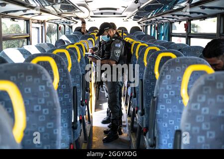 Ost-Jerusalem, Israel. September 2021. Bewaffnete israelische Streitkräfte Soldaten der Grenzkontrolleinheit, die die Beschränkungen des öffentlichen Verkehrs Covid-19 in Ostjerusalem durchsetzen. Geldstrafen für diejenigen, die keine Maske tragen. Laut den Busfahrern ist dies in den letzten Wochen ein lockeres Ereignis in den palästinensischen Gebieten der Stadt. Palästina / Israel, Jerusalem. September 2021. Kredit: Matan Golan/Alamy Live Nachrichten Stockfoto