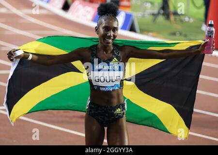 Brüssel, Belgien. September 2021. Natoya Goule aus Jamaika reagiert nach dem Gewinn des 800-Meter-Finales der Frauen bei der World Athletics Wanda Diamond League in Brüssel, Belgien, am 3. September 2021. Quelle: Zheng Huansong/Xinhua/Alamy Live News Stockfoto