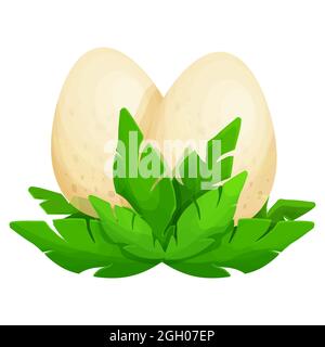 Dinosaurier nisten mit Eiern und Gras im Cartoon-Stil isoliert auf weißem Hintergrund. Prähistorische Muschel, Reptil Baby. . Vektorgrafik Stock Vektor