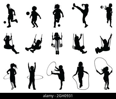 Schwarze Silhouetten verspielter Kinder auf weißem Hintergrund Stockfoto