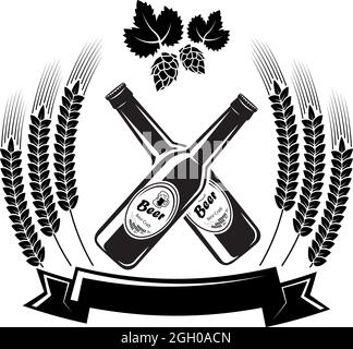 Bierflasche Logo Barrel Pub Bar Tavern Brauerei Gerste Brauerei alkoholische Speisen Farbband schwarz-weiß. Stock Vektor