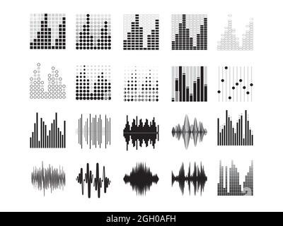 Schwarze Schallwellen. Musik-Audiofrequenz, Signalform der Sprachleitung, elektronisches Radiosignal, Lautstärkesymbol. Vektorkurven-Funkwellen eingestellt Stock Vektor