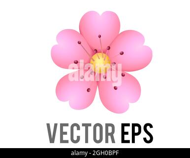 Vector einzelne hellrosa Sakura Blume der Kirschblüte Ikone mit fünf Blütenblättern und rot-spitzen Staubblätter in der gelben Mitte, verwendet für Valentinstag, Moth Stock Vektor