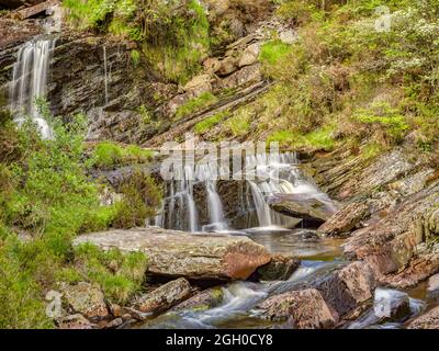 Rhiwargor Wasserfall oder Pistyll Rhyd-Y-meincau auf dem Fluss Eiddew über Lake Vyrnwy, Powys, Wales, Großbritannien. Stockfoto