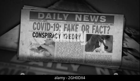 Covid-19 pandemische Nachrichten, Fake or Fact. Zeitungsdruck. Abstraktes Konzept der Vintage-Presse. Retro-3d-Rendering-Illustration. Stockfoto