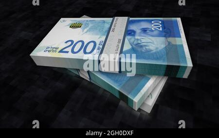 Israelische Schekel Geld Pack 3d-Illustration. 200 NIS-Banknotenbündel. Konzept von Finanzen, Bargeld, Wirtschaftskrise, Unternehmenserfolg, Rezession, bank Stockfoto