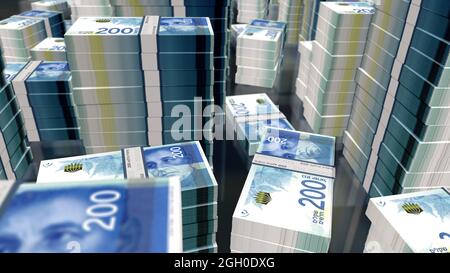 Israelische Schekel Geld Pack 3d-Illustration. 200 NIS-Banknotenbündel. Konzept von Finanzen, Bargeld, Wirtschaftskrise, Unternehmenserfolg, Rezession, bank Stockfoto