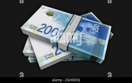 Israelische Schekel Geld Pack 3d-Illustration. 200 NIS-Banknotenbündel. Konzept von Finanzen, Bargeld, Wirtschaftskrise, Unternehmenserfolg, Rezession, bank Stockfoto