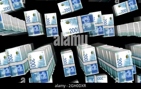 Israelische Schekel Geld Pack 3d-Illustration. 200 NIS-Banknotenbündel. Konzept von Finanzen, Bargeld, Wirtschaftskrise, Unternehmenserfolg, Rezession, bank Stockfoto