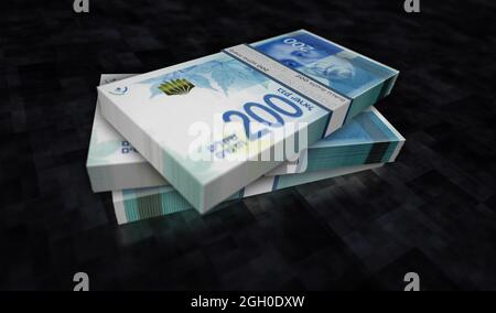 Israelische Schekel Geld Pack 3d-Illustration. 200 NIS-Banknotenbündel. Konzept von Finanzen, Bargeld, Wirtschaftskrise, Unternehmenserfolg, Rezession, bank Stockfoto