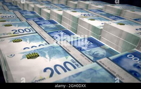 Israelische Schekel Geld Pack 3d-Illustration. 200 NIS-Banknotenbündel. Konzept von Finanzen, Bargeld, Wirtschaftskrise, Unternehmenserfolg, Rezession, bank Stockfoto