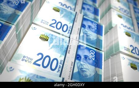 Israelische Schekel Geld Pack 3d-Illustration. 200 NIS-Banknotenbündel. Konzept von Finanzen, Bargeld, Wirtschaftskrise, Unternehmenserfolg, Rezession, bank Stockfoto