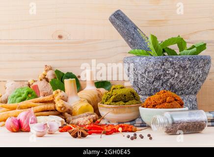 Auswahl an Thai food Zutaten zum Kochen und Einfügen von Thai beliebte Speisen Red Curry und grünem Curry. Stockfoto