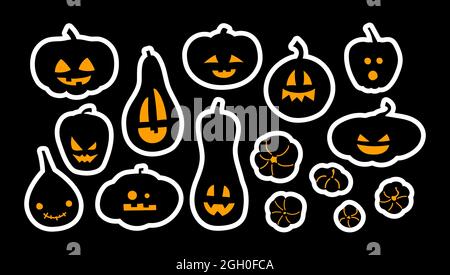 Halloween Kürbisse. Aufkleber. Aufkleberpaket. Set aus isolierten Kürbis Silhouetten für Halloween Party Design. Vektorgrafiken. Jack O Laterne Stock Vektor
