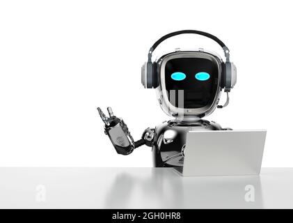 Büromitarbeiter mit 3D-Rendering-Roboter-Assistent übergibt zur Begrüßung Stockfoto