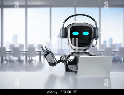 Büromitarbeiter mit 3D-Rendering-Roboter-Assistent übergibt zur Begrüßung Stockfoto