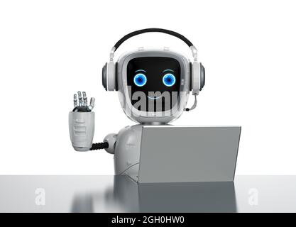 Büromitarbeiter mit 3D-Rendering-Roboter-Assistent übergibt zur Begrüßung Stockfoto