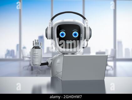 Büromitarbeiter mit 3D-Rendering-Roboter-Assistent übergibt zur Begrüßung Stockfoto
