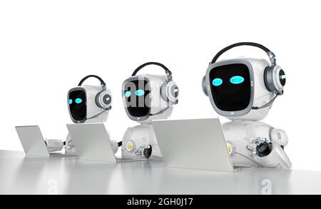 Automatisierung Büroangestellte mit 3d-Rendering-Gruppe von Roboterassistenten arbeiten mit Computer-Notebook Stockfoto