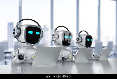 Automatisierung Büroangestellte mit 3d-Rendering-Gruppe von Roboterassistenten arbeiten mit Computer-Notebook Stockfoto