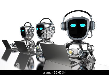 Automatisierung Büroangestellte mit 3d-Rendering-Gruppe von Roboterassistenten arbeiten mit Computer-Notebook Stockfoto
