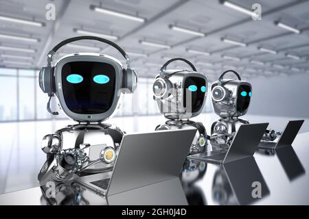 Automatisierung Büroangestellte mit 3d-Rendering-Gruppe von Roboterassistenten arbeiten mit Computer-Notebook Stockfoto