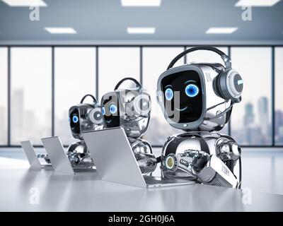 Automatisierung Büroangestellte mit 3d-Rendering-Gruppe von Roboterassistenten arbeiten mit Computer-Notebook Stockfoto