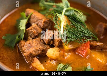 Nahaufnahme von Rindfleisch und Kartoffeln Eintopf mit Kräutern Stockfoto